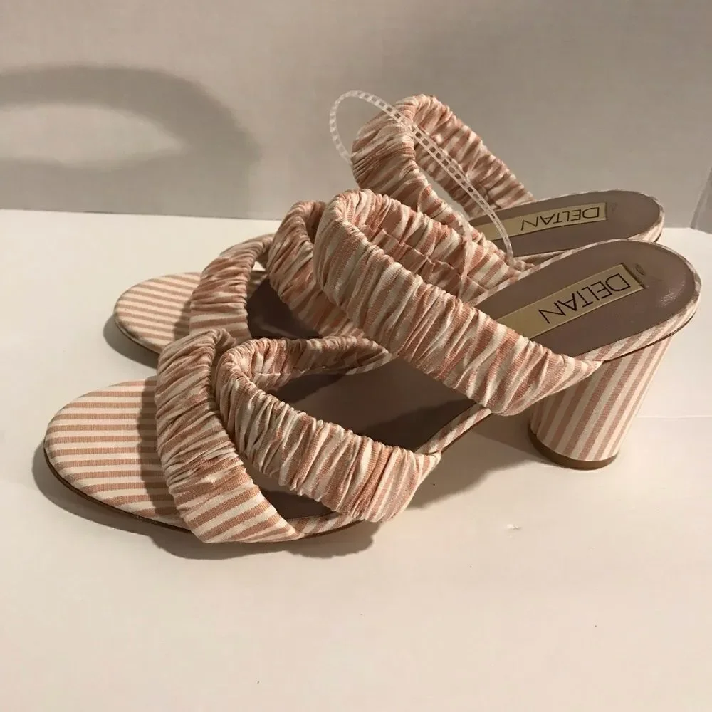 Deltan Sandal Women Size 8 Dusty Pink Striped Three Band Slides Round Heel NWOT